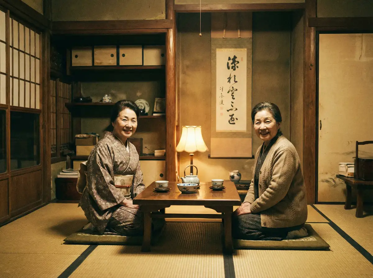 两位优雅的 抖奶 在日式茶室中品茶交谈